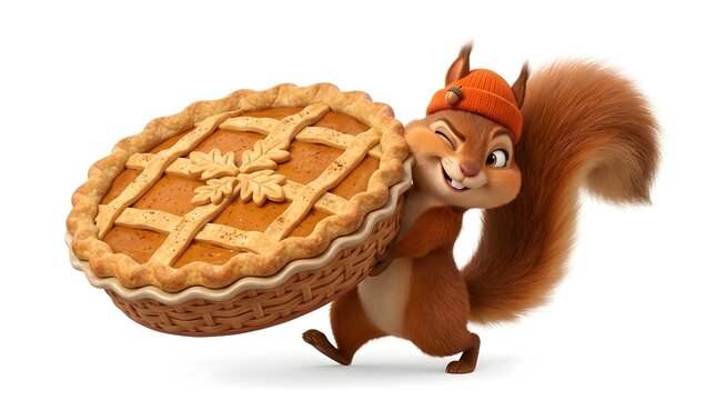 A cute, winking squirrel wearing an orange beanie hat, carrying a large, freshly baked pumpkin pie with a decorative leaf-shaped crust