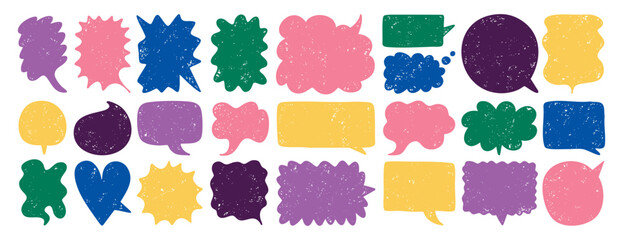 Obraz premium Textured empty speech bubbles template colored set, creative, various shapes, rectangular, round and bubbly. Grunge texture bubbles for text for social media, web design, and posters.