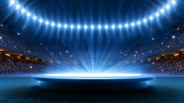 Scoreboard showing game start in a sports stadium with bright lights  