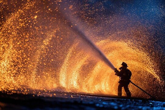 Firefighter uses hose to battle flames during night fire scene in urban area