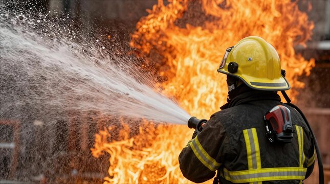 Firefighter douses flames during training exercise in a controlled environment