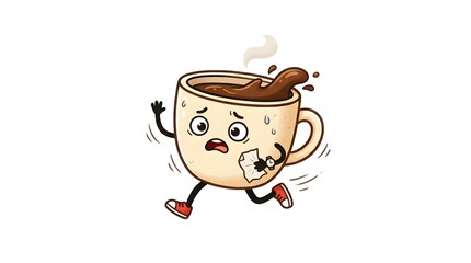 Fototapeta premium Cartoon coffee cup character running in a panic, checking a wristwatch, spilling hot brown coffee, isolated on a white background