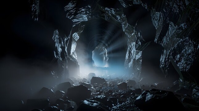 Mysterious light shining through a dark rocky cave entrance with thick fog.