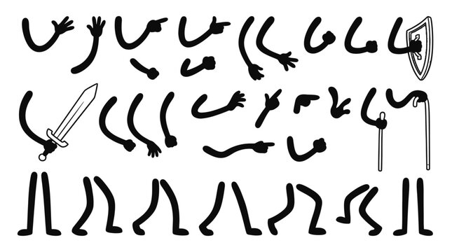 Diverse rubber hose cartoon arms and legs featuring sword shield and cane for character design projects