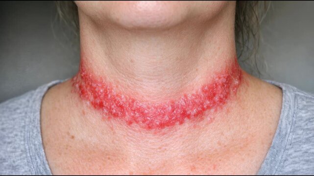 A woman with a red wound on her neck, potentially a crime scene or a horror theme