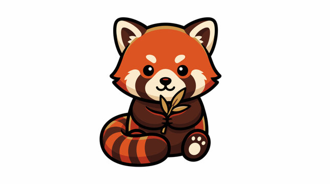 Cute cartoon red panda sitting and holding a leaf