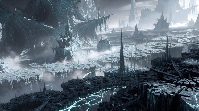 Surreal dark fantasy landscape featuring jagged rock formations and glowing energy streams in a mysterious alien world.