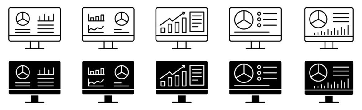 Dashboard icon set featuring computer monitors with analytics, charts, graphs, statistics, and data reports.