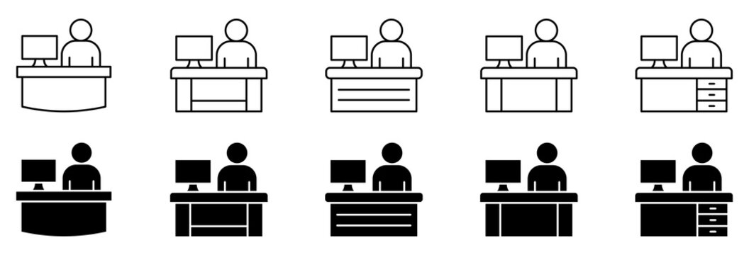 Reception desk icons for office, hotel, customer service, information, receptionist and business use.