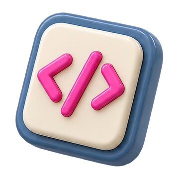 3D rendering of a coding symbol with angle brackets on a rounded square background