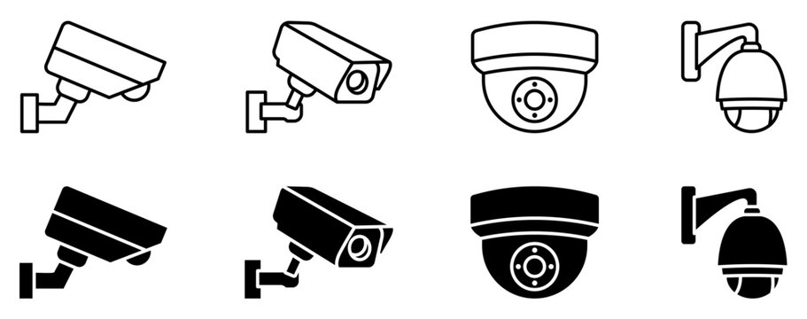 Security camera icons for surveillance, CCTV, monitoring, protection, safety and security systems.