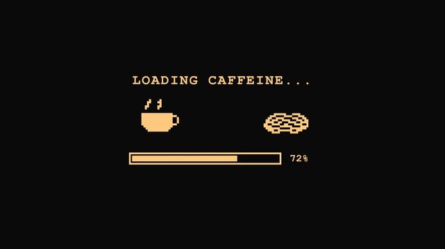 Retro Pixel Art Loading Caffeine Progress Bar with Coffee Cup and Waffle Illustration