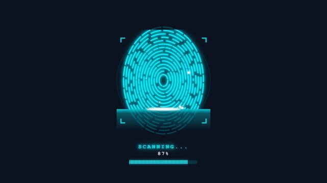 Biometric fingerprint scanner interface with HUD elements and loading bar processing digital data security check