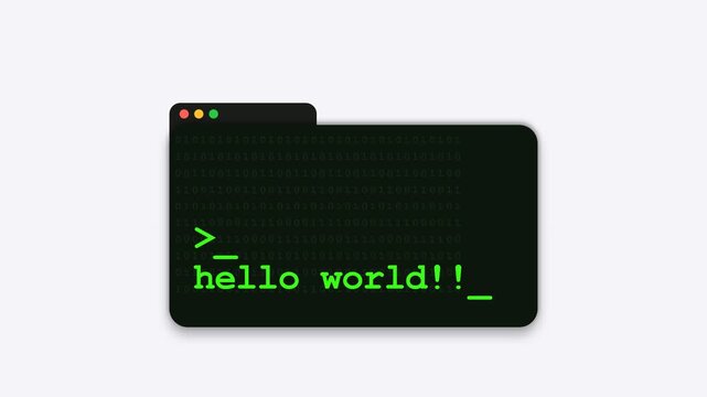 Minimalist Dark Terminal Window Icon with Glowing Green Hello World Text Spooky Cyber Hacker Concept