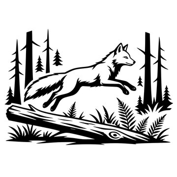 Bear Standing Beside Mountain Stream Catching Fish Black and White Vector Illustration