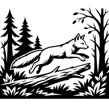 Deer Drinking Water from Forest Pond Black and White Vector Illustration