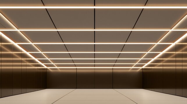 Modern interior with recessed linear lighting and metallic walls