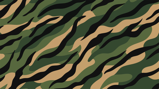 Editable Vector Flowing Camouflage Pattern with Wavy Green Tan and Black Stripes