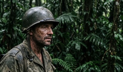 Fototapeta premium Military Soldier Patrolling a Dense Jungle
