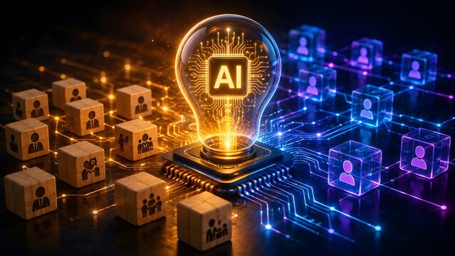 Artificial Intelligence concept with glowing AI chip in light bulb connecting human resources and digital network users