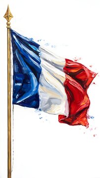 Ilustraci&oacute;n en acuarela de la bandera de Francia ondeando en astil dorado