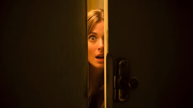 Rostro de mujer sorprendida y asustada espiando a trav&eacute;s de la rendija de una puerta oscura