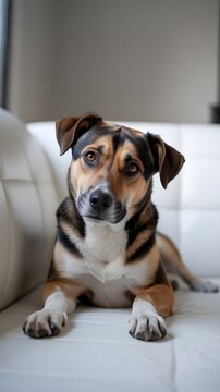 Perro mestizo mirando atentamente a la c&aacute;mara descansando en un sof&aacute; blanco de cuero