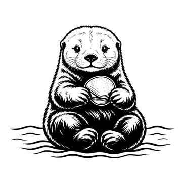 Full Sea Otter Floating with Shell Black and White Vector SVG