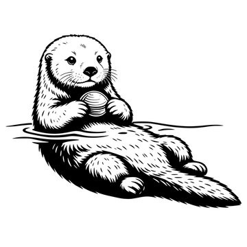 Full Sea Otter Floating with Shell Black and White Vector SVG