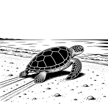 Full Sea Turtle Crawling from Beach Toward Water Black and White Vector SVG