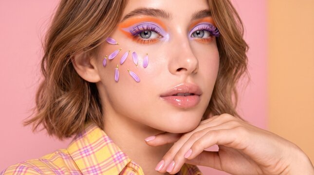 A fashion portrait colorful makeup adorns a woman face. Pink background complements her vibrant expression Her hand gently rests near her chin Eyes gleam with playful confidence
