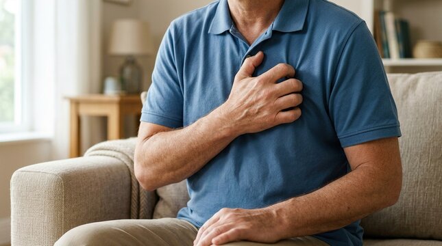 Man holding chest in pain with hand over heart feeling chest pain distress unwell sick suffering from heart attack or strong discomfort symptoms.