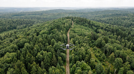 Obraz premium Aerial drone over lush green forest with narrow dirt road leading through summer wilderness