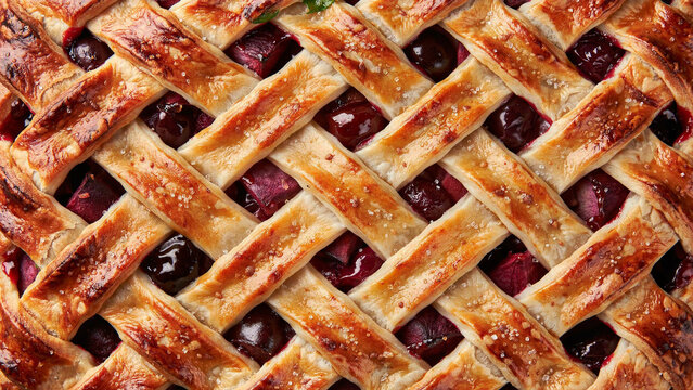 Freshly baked homemade cherry pie with a golden brown lattice crust pastry top view