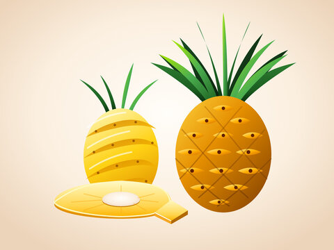 Two whole tropical fruits with green leaves and a sliced
