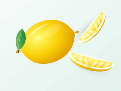 Yellow lemon whole fruit with green leaf and sliced pieces