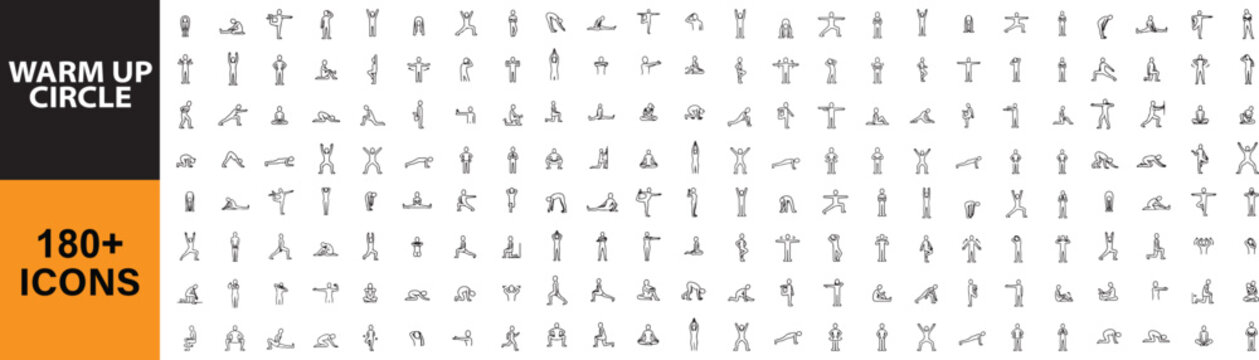 Warm Up Circle line icon set. Vector pictograms of fitness, stretch, exercise, and mobility elements, thin linear illustration. Outline icon in linear style