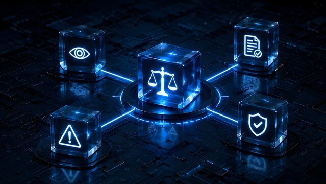 Digital scales of justice and security compliance icons on a futuristic circuit board representing cyber law and legal tech