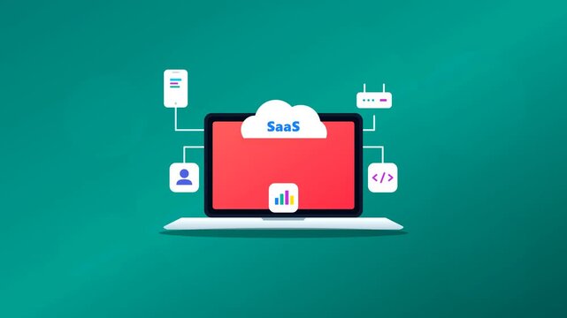 SaaS Cloud Computing Flat Animation with Modern Laptop Connected to Software Services and Database Icons