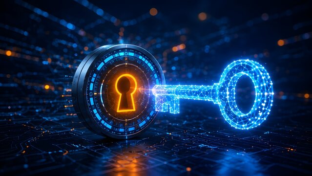 Glowing digital wireframe key unlocking a high tech cyber keyhole representing cybersecurity access and digital encryption