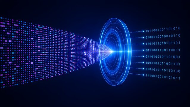 Stream of digital pixels converging through a glowing portal and transforming into binary code on a dark technological background