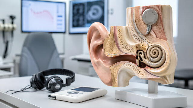 Cochlear implant inner ear clinical procedure concept showing hearing loss screening, diagnosis and treatment in a photorealistic medical image for healthcare education and patient communication