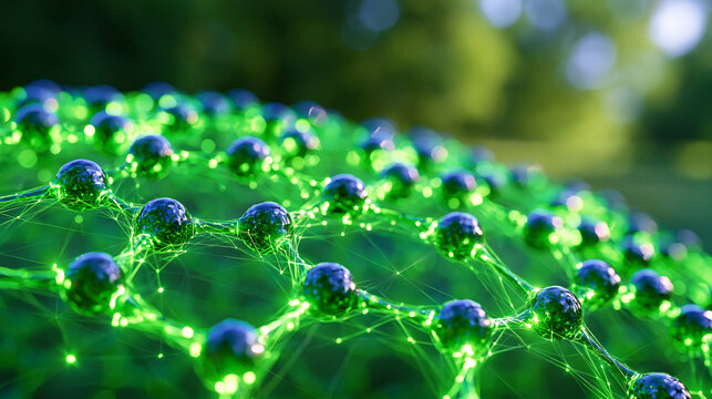 Vibrant emerald abstract illustration of a molecular hybrid structure representing a machine learning neural network, glowing interconnected nodes and luminous pathways forming a complex scientific 