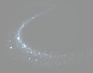 Abstract glowing blue particle motion trail isolated on grey. Blue stardust wave swirl with sparkling particles. Glowing blue magic dust curved stream graphic resource © Star_Studio