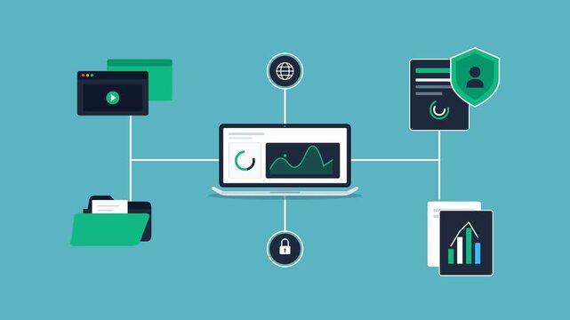 Animated Flat Vector Computer Screen Displaying Data Analytics Dashboard and Cloud Security File Network