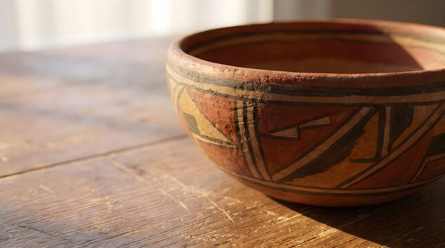 Handcrafted Native Clay Pottery Bowl on Rustic Wooden Table Sunlight