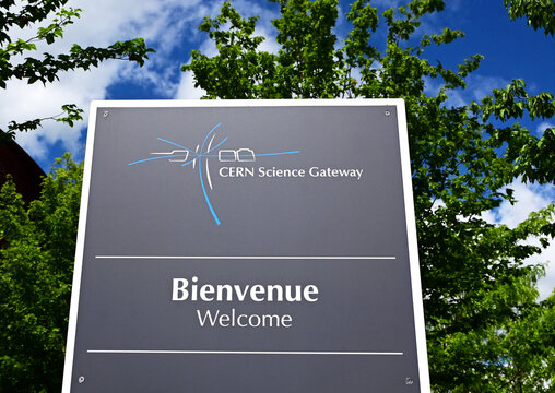 Geneva, Meyrin, Switzerland, Europe - 05.2026 : C.E.R.N, CERN, European Organization for Nuclear Research, logo of Science Gateway - education and outreach center, Welcome board at entrance