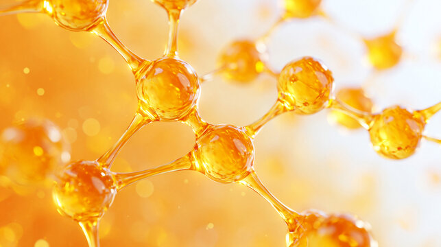 Bright yellow abstract molecular hybrid structure representing a machine learning neural network, radiant nodes linked by glowing pathways in an intricate three dimensional lattice, artificial intel