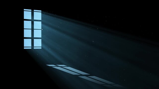 Volumetric Light Beams of blue moonlight shines through a short window pane, With shadows light on the ground. with it dust particles, on a black background to create an overlay effect.