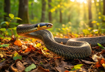 Fototapeta premium Wildlife conservation and biodiversity, grass snake in natural forest habitat with golden sunlight and autumn leaves on the ground in the wilderness